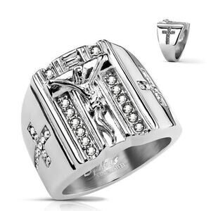 CZ Pave Cross Sides‎ and Jesus on the Cross Stainless Steel Ring Size 9